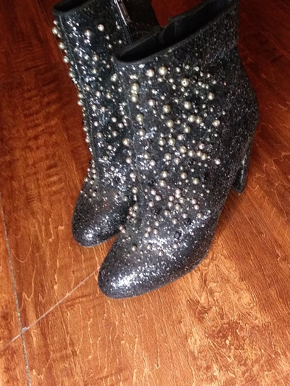 Jessica Simpson Black Glitter Pearl-Stud Ankle Boots